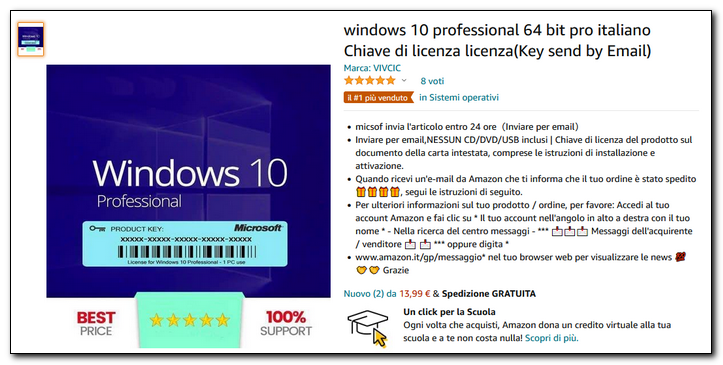 Guida all'acquisto su  della chiave di licenza di Windows 10 Pro