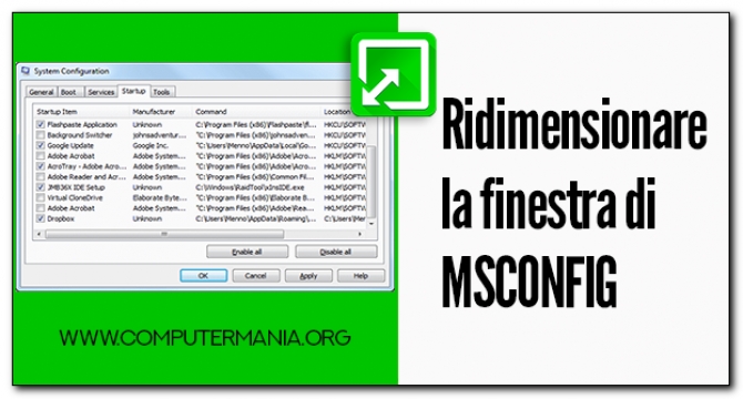 Ridimensionare la finestra di MSCONFIG